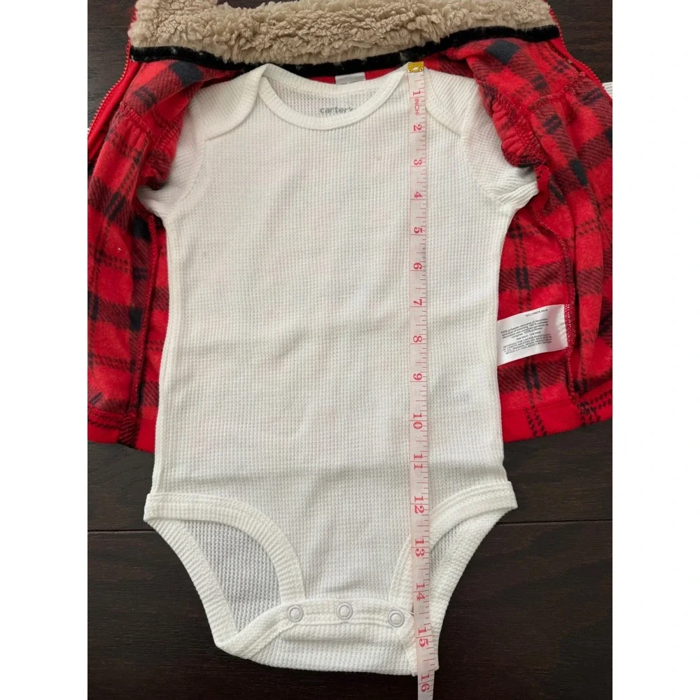 Carters Baby 9M 3Piece Buffalo Plaid Fleece Vest Bodysuit Leggings Set Red Black